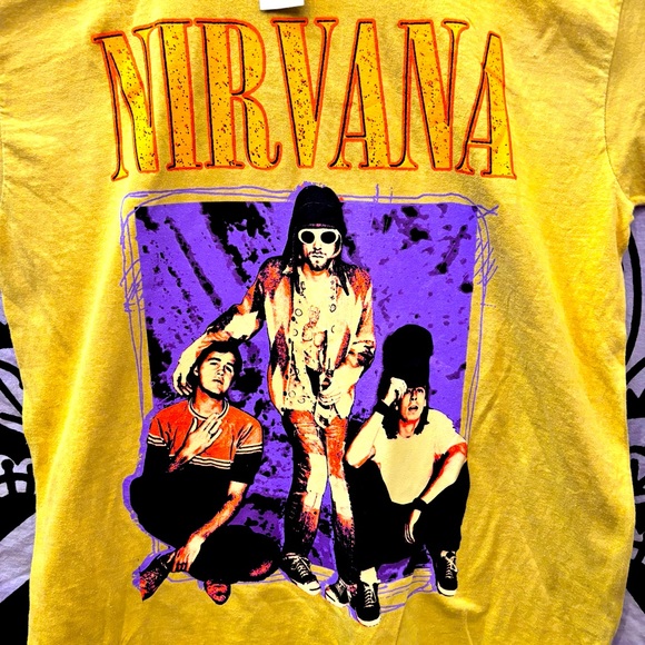 NIRVANA Yellow Tee T-Band 100% Cotton Shirt Purple Orange Black Graphic NWT L - Picture 2 of 5